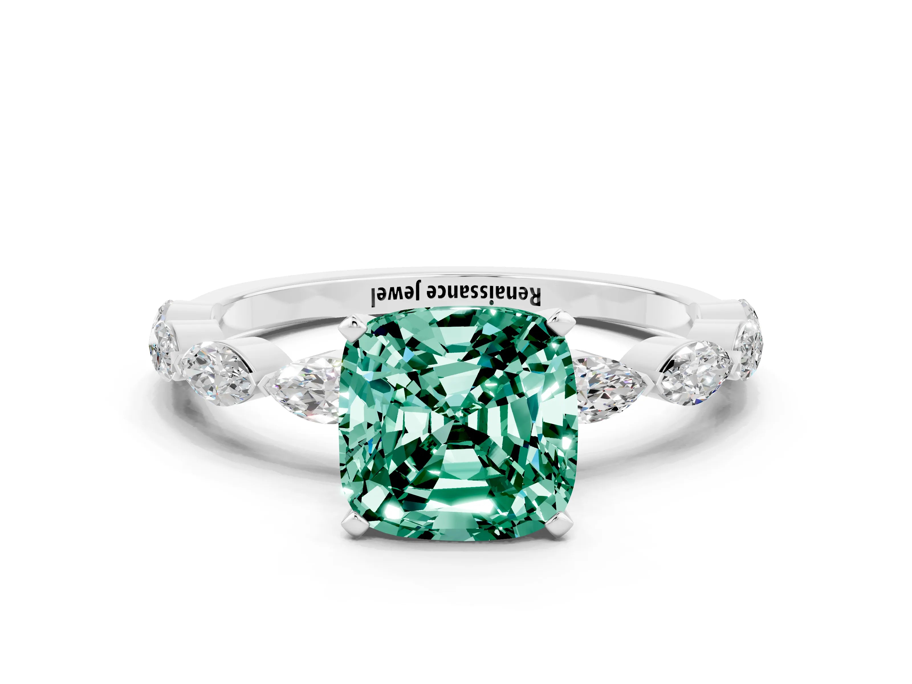 White gold Cushion Cut Green Sapphire Ring with Marquise Side Stones and Prong Setting