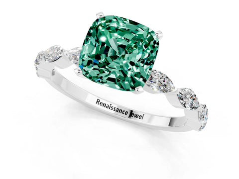 White gold Cushion Cut Green Sapphire Ring with Marquise Side Stones and Prong Setting_1