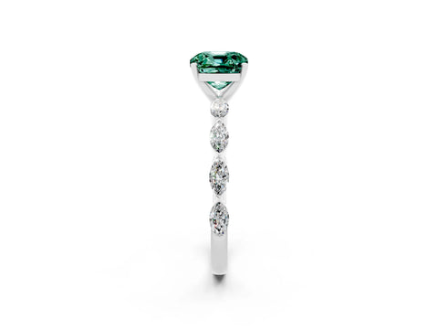 White gold Cushion Cut Green Sapphire Ring with Marquise Side Stones and Prong Setting_2