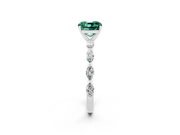 White gold Cushion Cut Green Sapphire Ring with Marquise Side Stones and Prong Setting