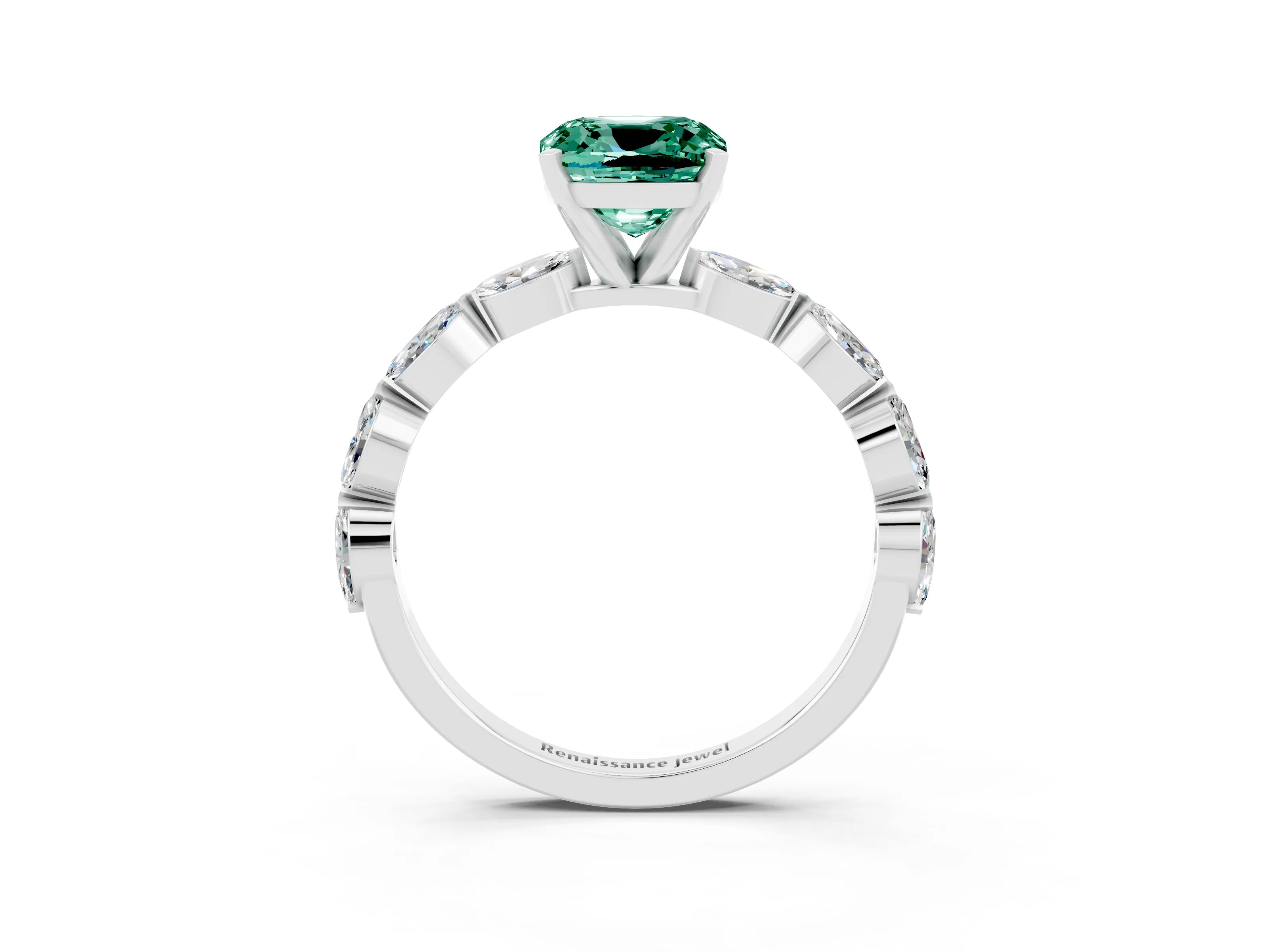 White gold Cushion Cut Green Sapphire Ring with Marquise Side Stones and Prong Setting_3