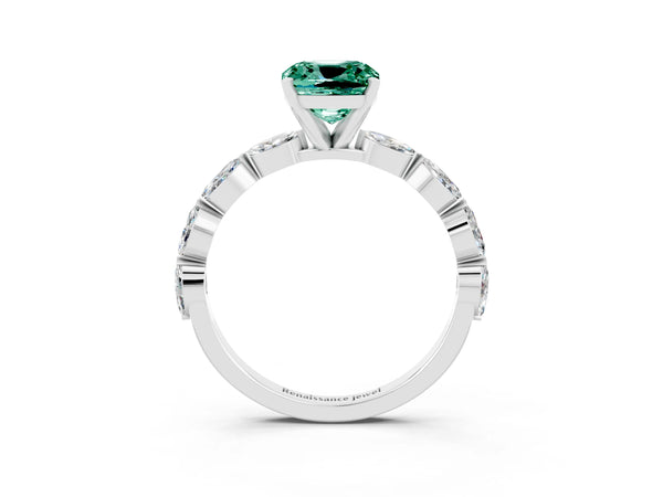 White gold Cushion Cut Green Sapphire Ring with Marquise Side Stones and Prong Setting