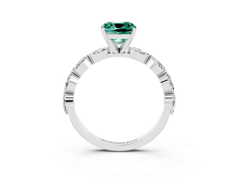 White gold Cushion Cut Green Sapphire Ring with Marquise Side Stones and Prong Setting_3