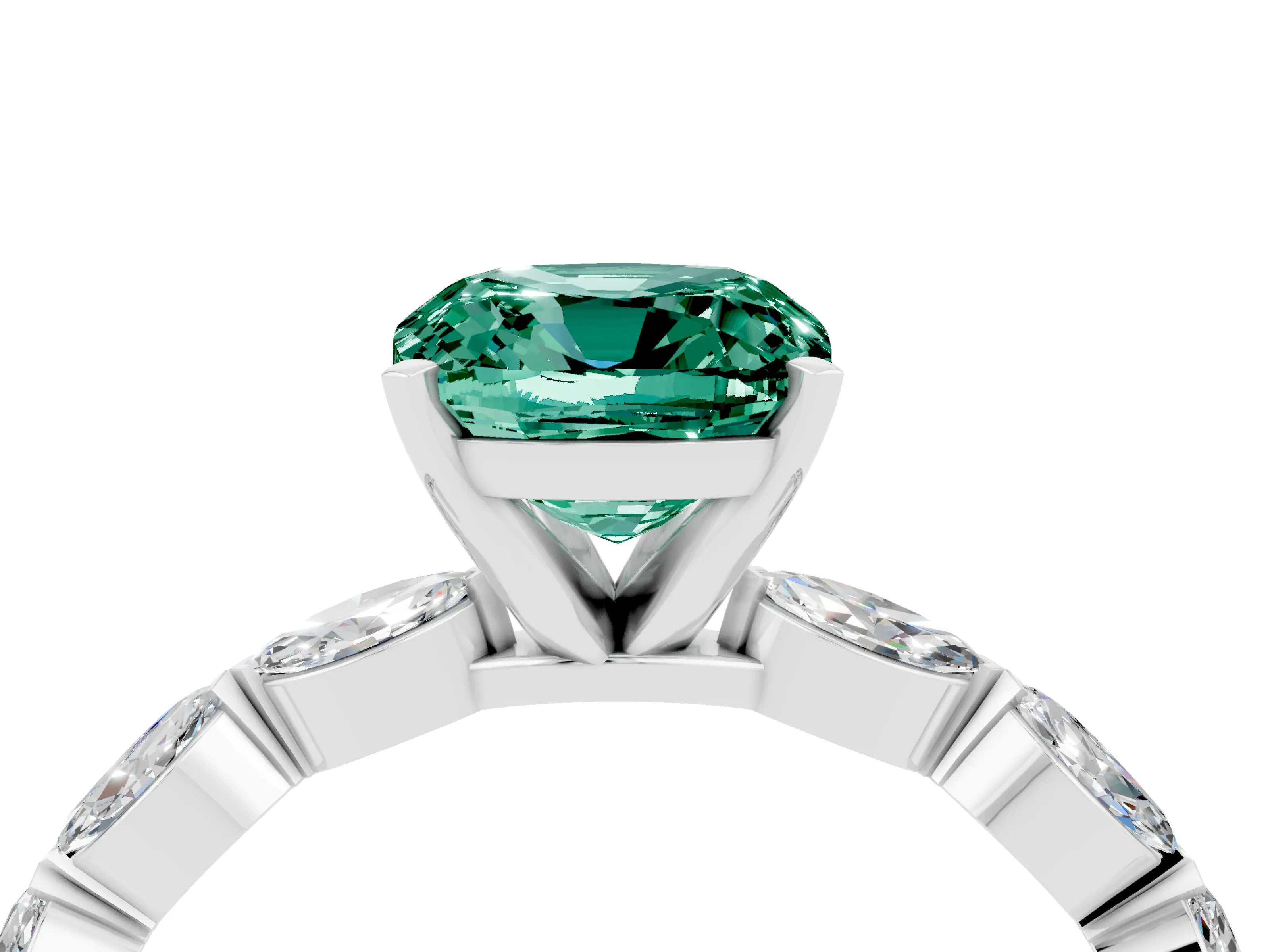 White gold Cushion Cut Green Sapphire Ring with Marquise Side Stones and Prong Setting_4