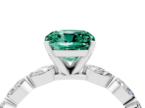 White gold Cushion Cut Green Sapphire Ring with Marquise Side Stones and Prong Setting_4