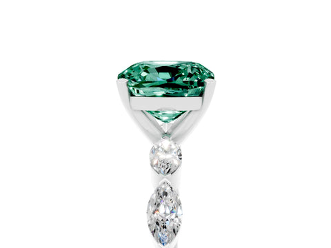 White gold Cushion Cut Green Sapphire Ring with Marquise Side Stones and Prong Setting_5