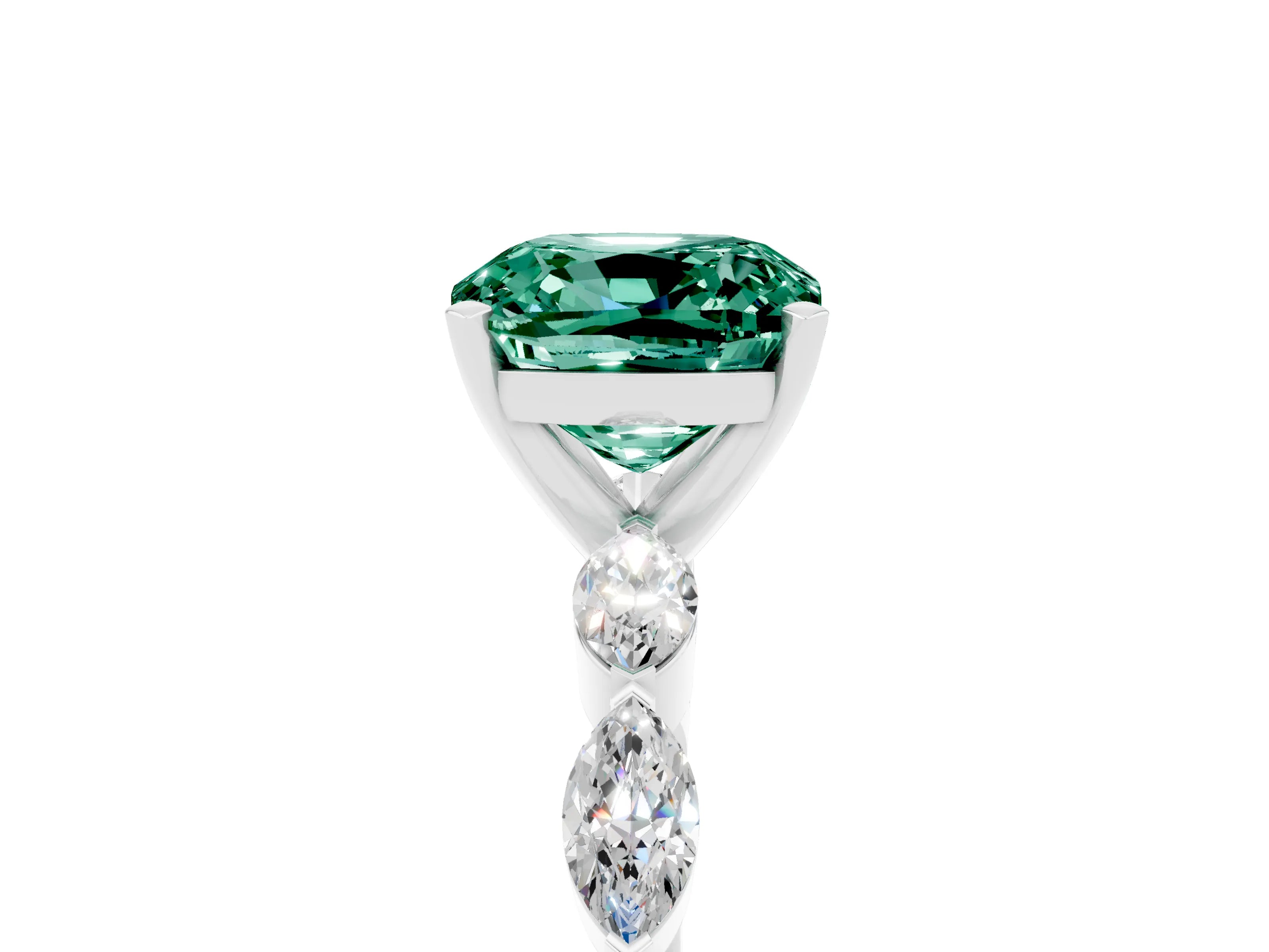 White gold Cushion Cut Green Sapphire Ring with Marquise Side Stones and Prong Setting_5