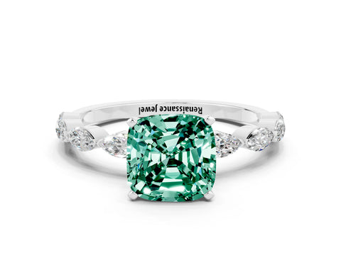 White gold Cushion Cut Green Sapphire Ring with Marquise Side Stones and Prong Setting