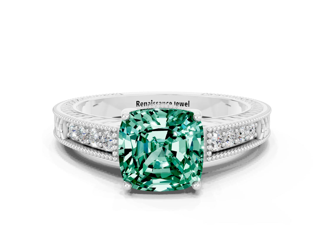 White gold Cushion Cut Green Sapphire Ring with Milgrain Pavé Band and Four-Prong Setting_12
