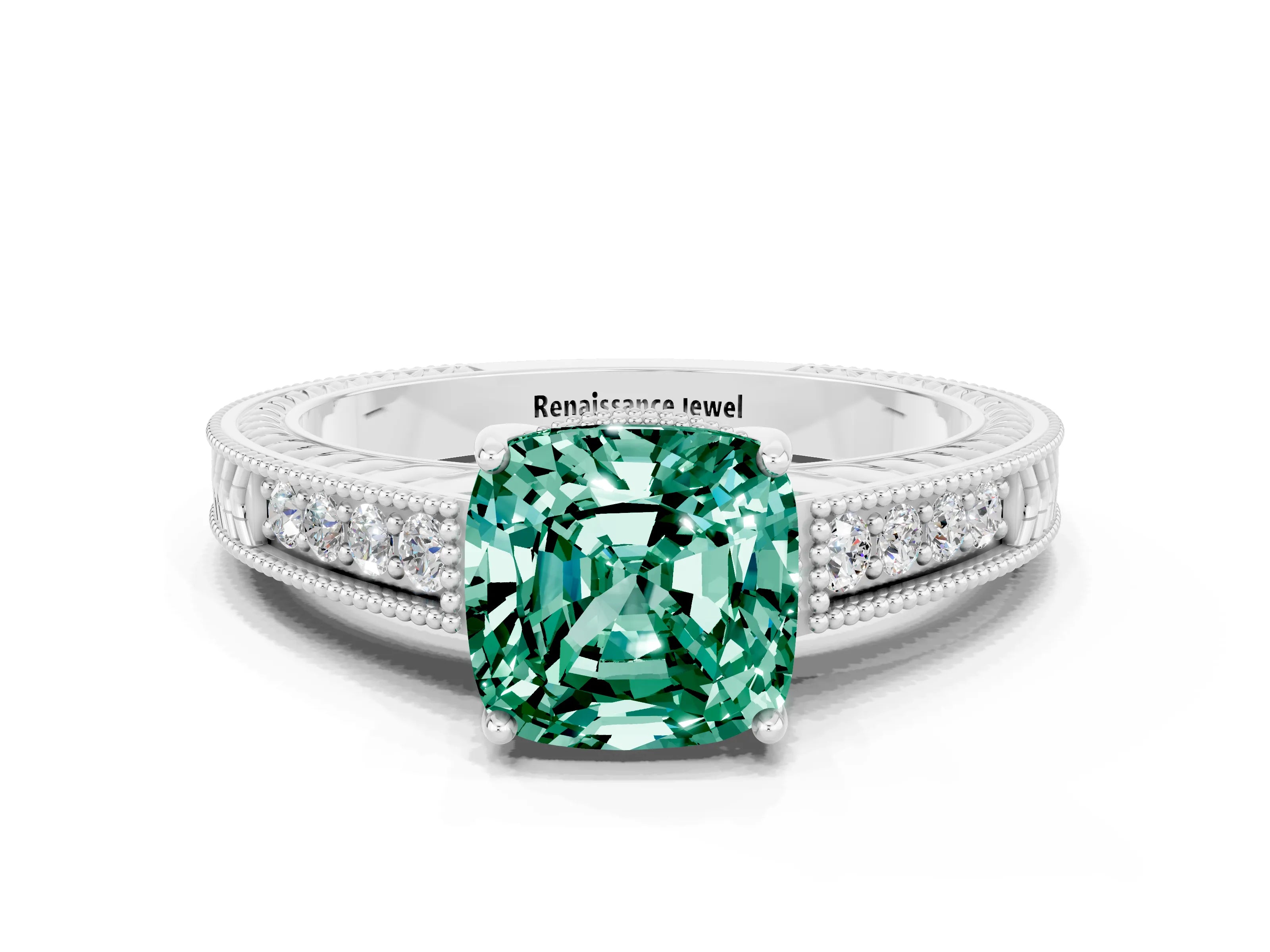 White gold Cushion Cut Green Sapphire Ring with Milgrain Pavé Band and Four-Prong Setting_12