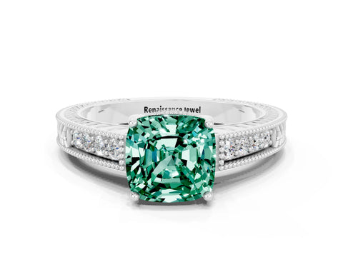 White gold Cushion Cut Green Sapphire Ring with Milgrain Pavé Band and Four-Prong Setting_12