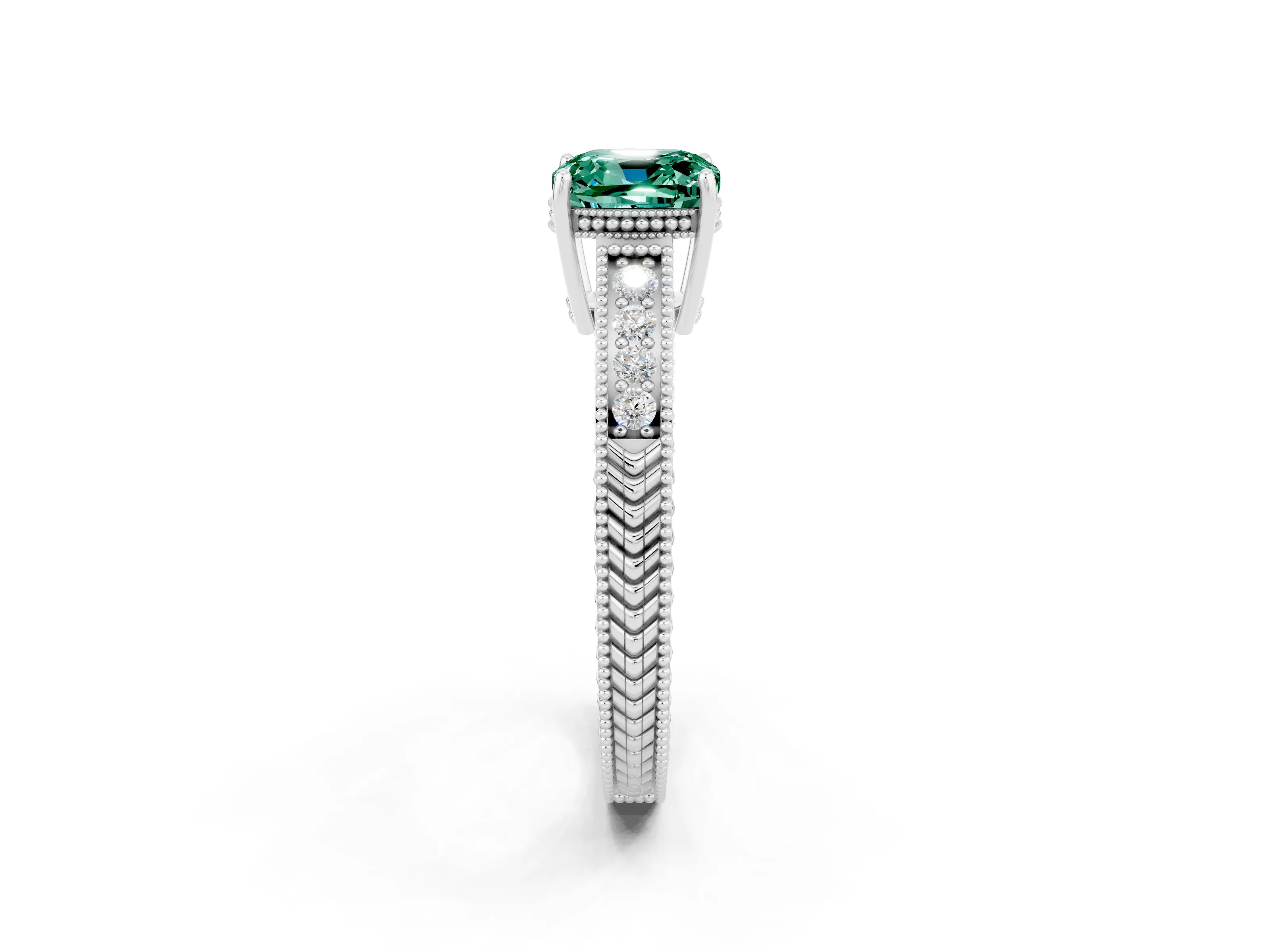 White gold Cushion Cut Green Sapphire Ring with Milgrain Pavé Band and Four-Prong Setting_14