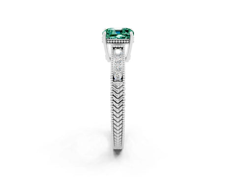 White gold Cushion Cut Green Sapphire Ring with Milgrain Pavé Band and Four-Prong Setting_14