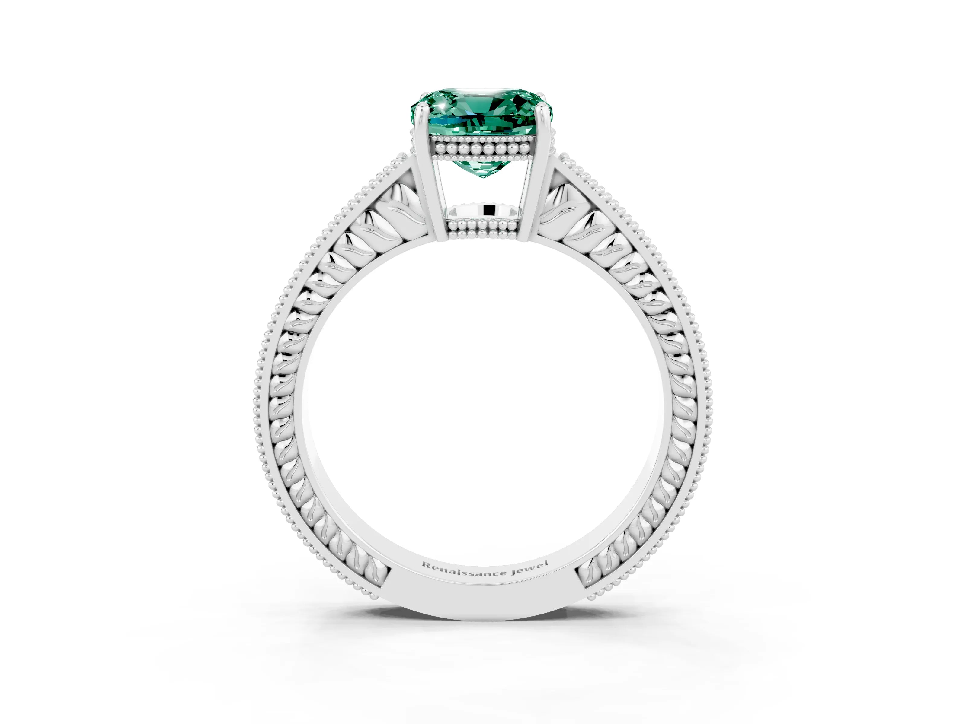 White gold Cushion Cut Green Sapphire Ring with Milgrain Pavé Band and Four-Prong Setting_15