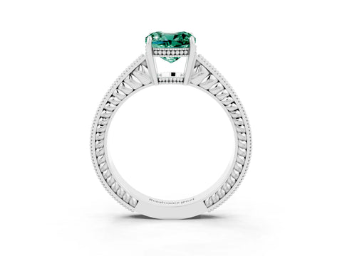 White gold Cushion Cut Green Sapphire Ring with Milgrain Pavé Band and Four-Prong Setting_15