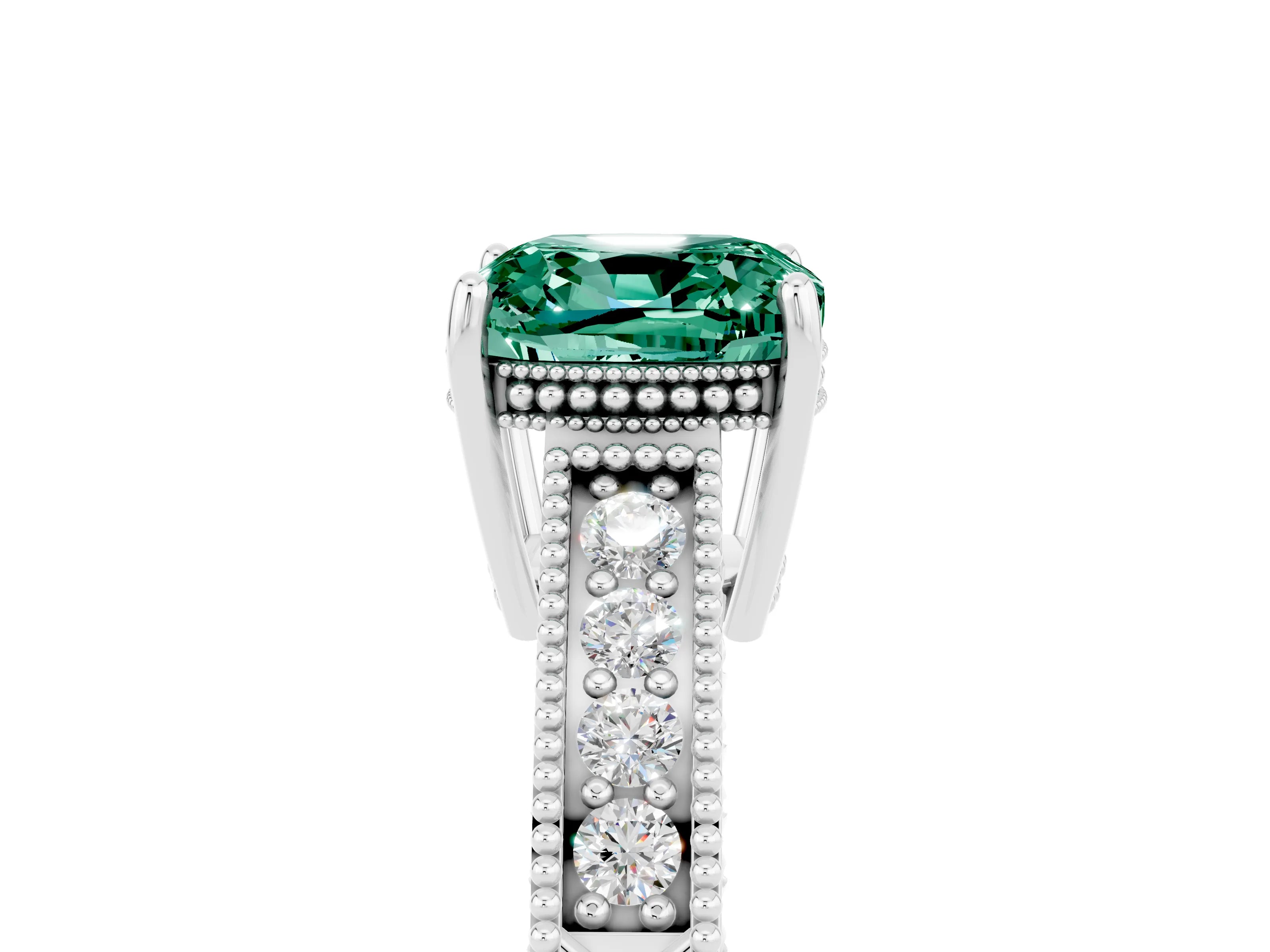 White gold Cushion Cut Green Sapphire Ring with Milgrain Pavé Band and Four-Prong Setting_17
