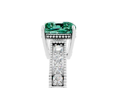 White gold Cushion Cut Green Sapphire Ring with Milgrain Pavé Band and Four-Prong Setting_17