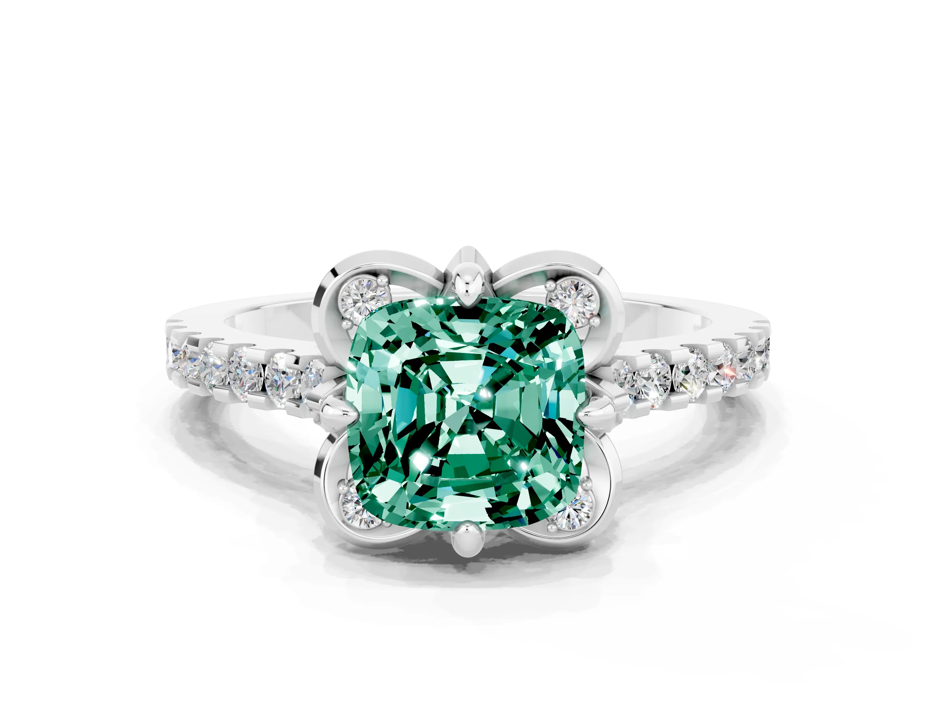 White gold Cushion Cut Green Sapphire Ring with Pavé Band and Floral Prong Setting