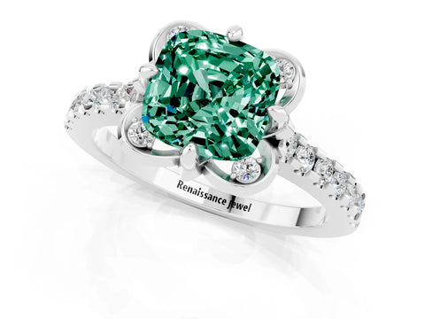 White gold Cushion Cut Green Sapphire Ring with Pavé Band and Floral Prong Setting_1