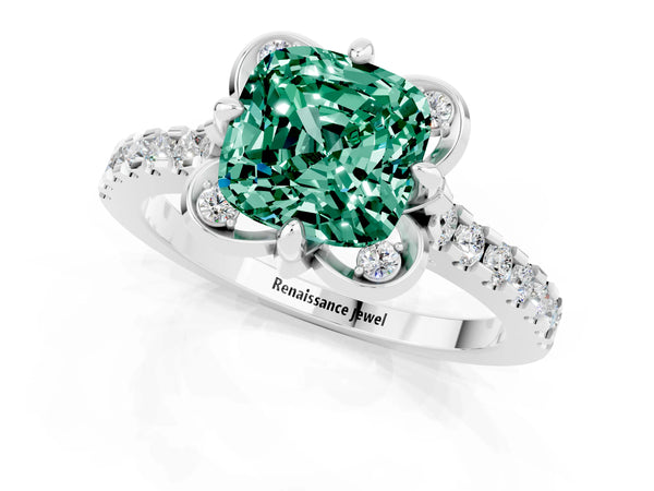 White gold Cushion Cut Green Sapphire Ring with Pavé Band and Floral Prong Setting