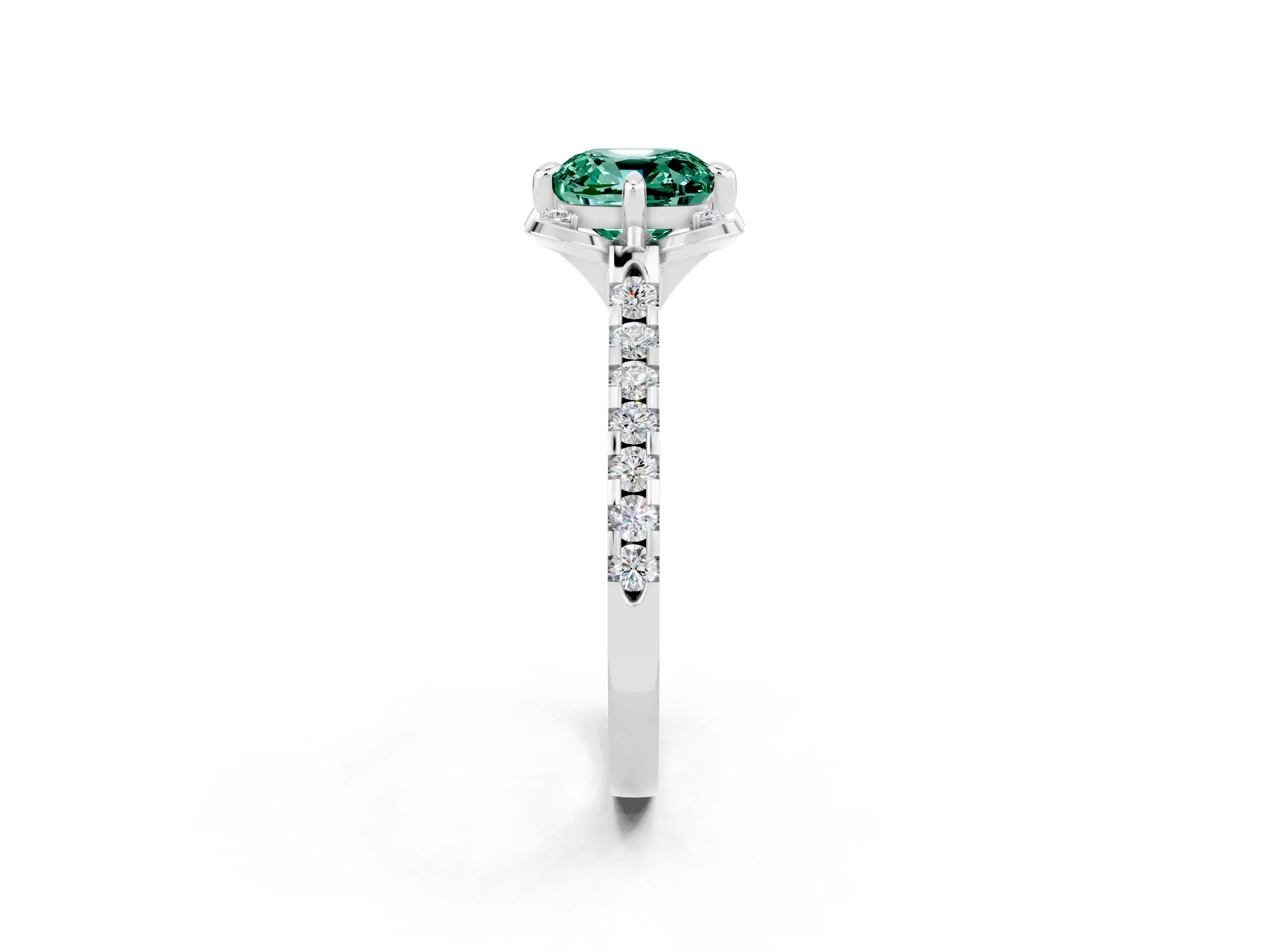 White gold Cushion Cut Green Sapphire Ring with Pavé Band and Floral Prong Setting_2