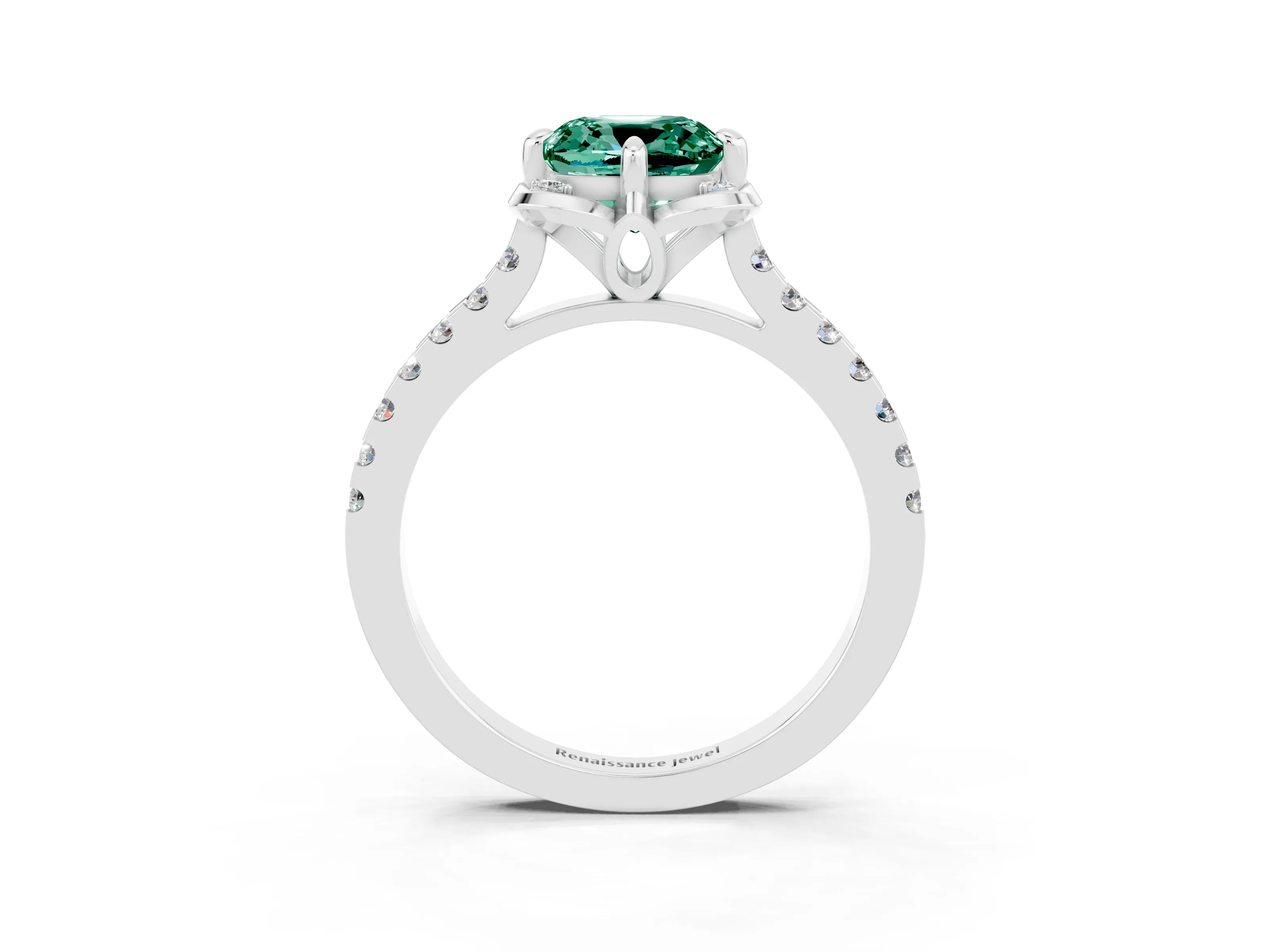 White gold Cushion Cut Green Sapphire Ring with Pavé Band and Floral Prong Setting_3