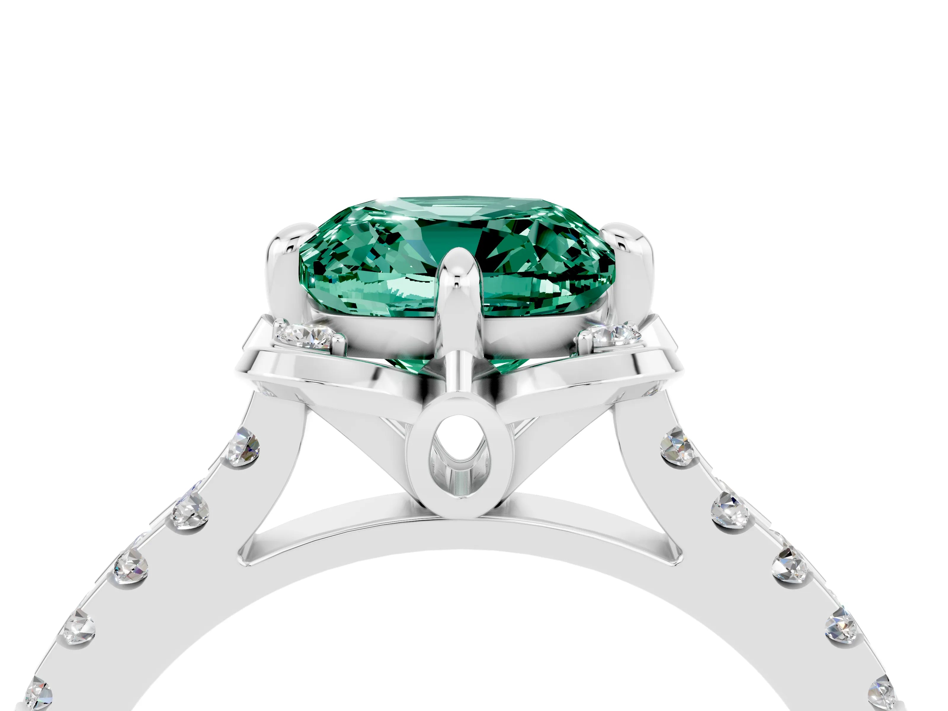 White gold Cushion Cut Green Sapphire Ring with Pavé Band and Floral Prong Setting_4