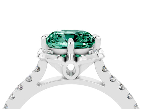 White gold Cushion Cut Green Sapphire Ring with Pavé Band and Floral Prong Setting_4