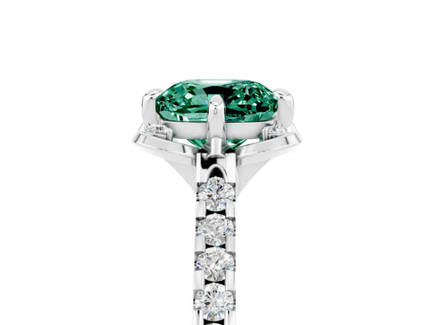White gold Cushion Cut Green Sapphire Ring with Pavé Band and Floral Prong Setting_5