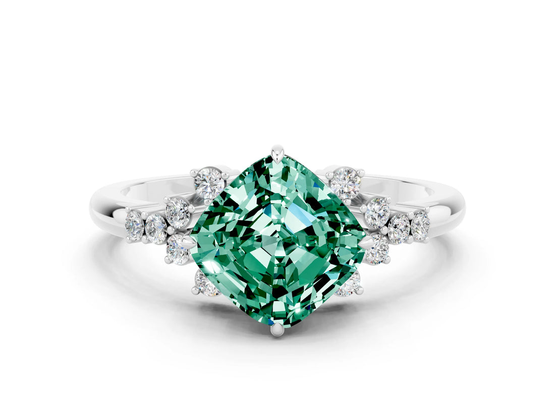 White gold Cushion Cut Green Sapphire Ring with Side Stones and Four-Prong Setting_36