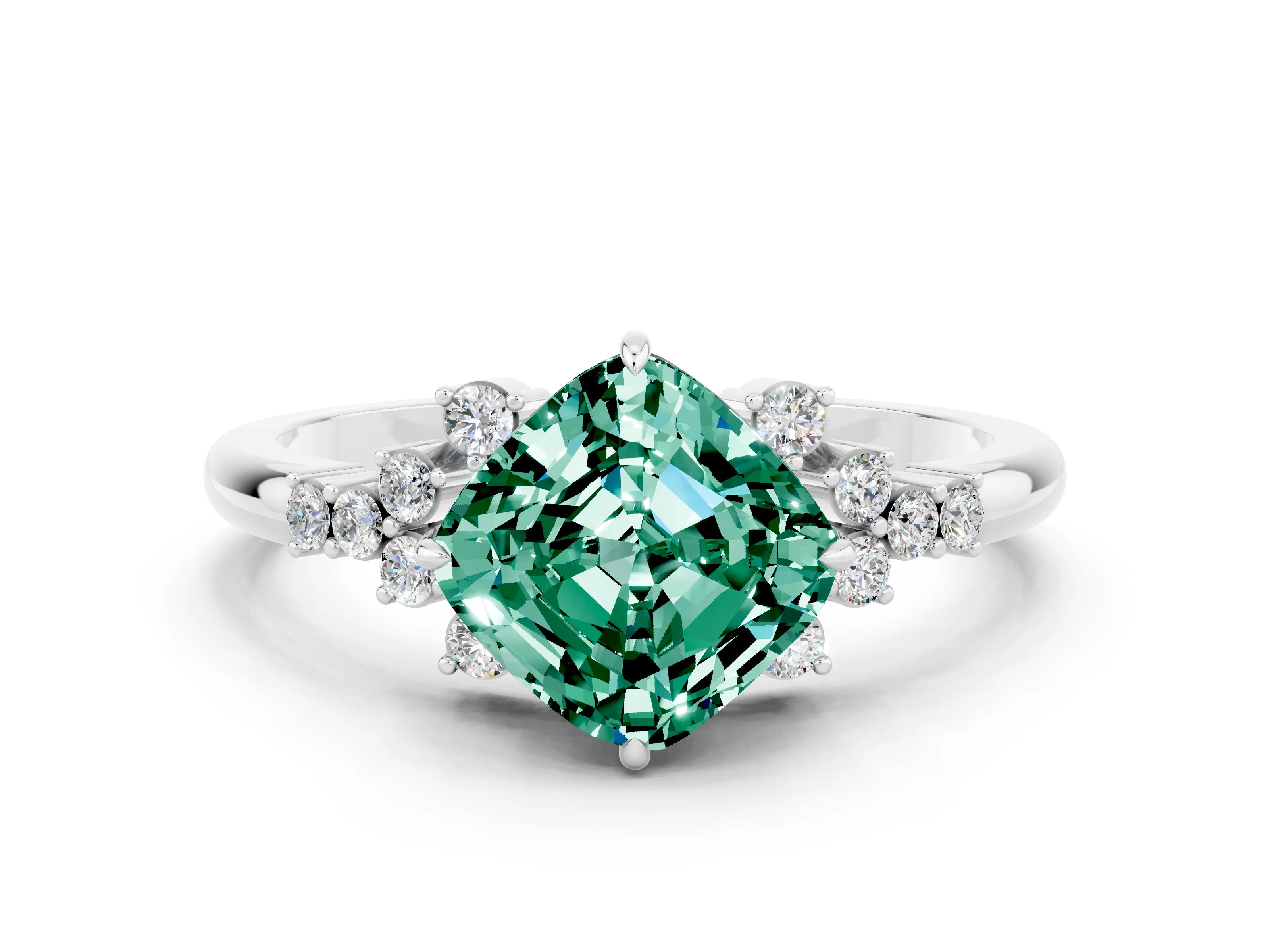 White gold Cushion Cut Green Sapphire Ring with Side Stones and Four-Prong Setting_36