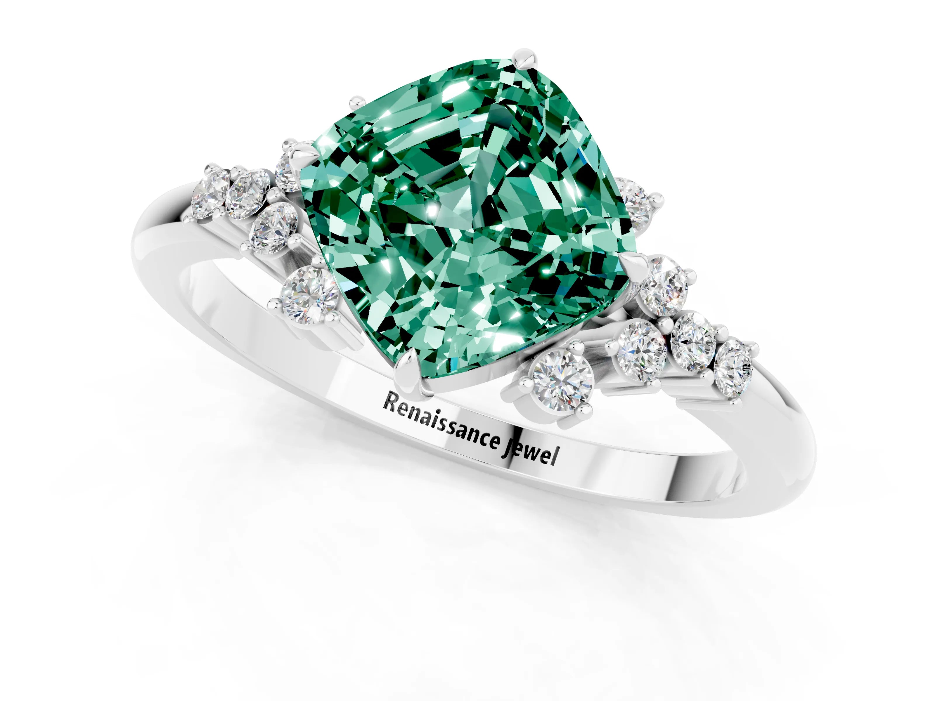 White gold Cushion Cut Green Sapphire Ring with Side Stones and Four-Prong Setting_37