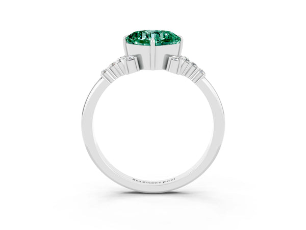 Platinum Cushion Cut Green Sapphire Ring with Side Stones and Four-Prong Setting