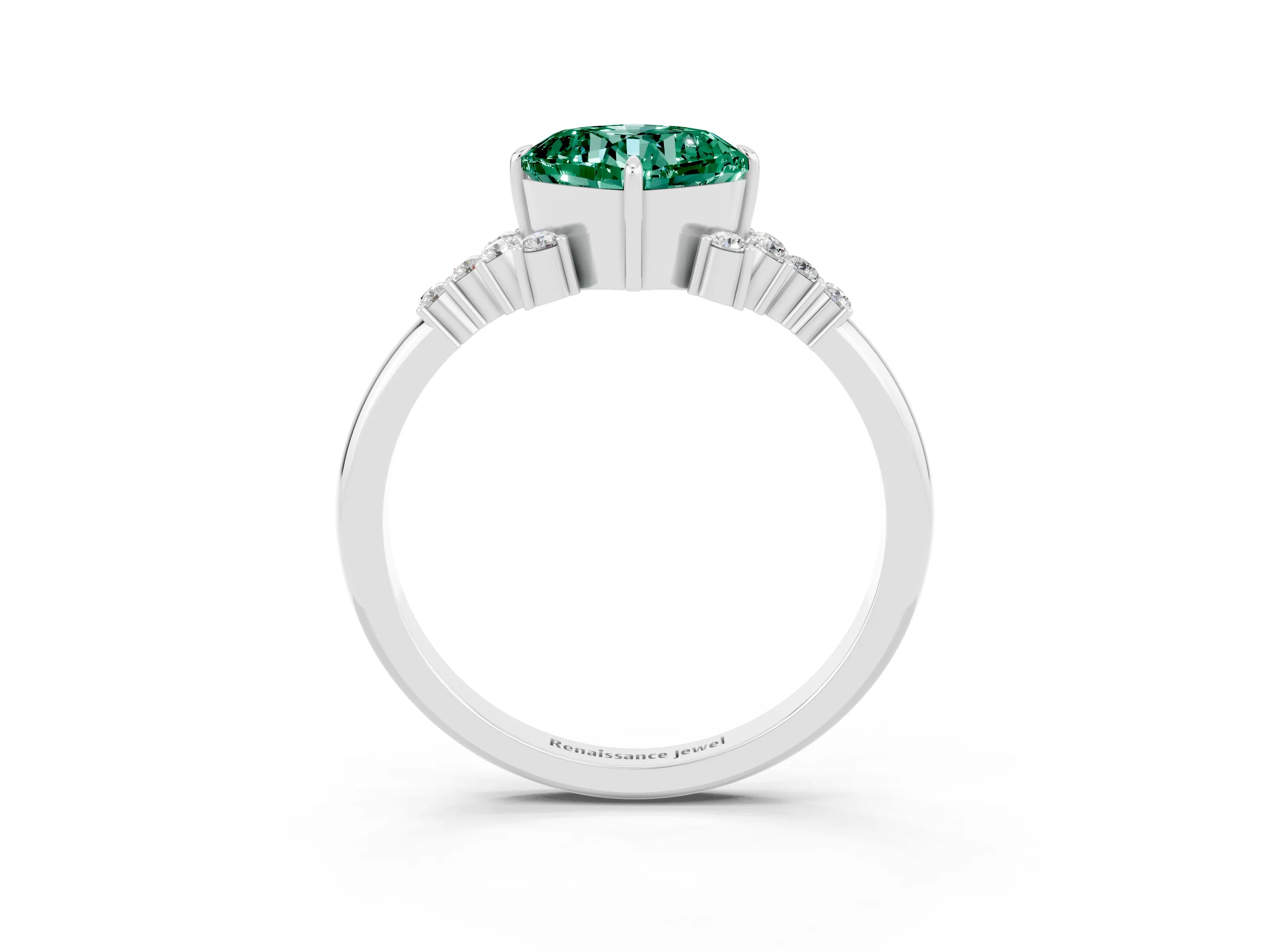 White gold Cushion Cut Green Sapphire Ring with Side Stones and Four-Prong Setting_39