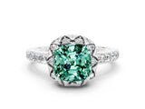 White gold Cushion Cut Green Sapphire Scalloped Halo Engagement Ring with Round Shared Prong Band_24