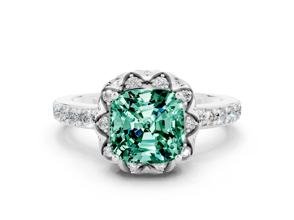 White gold Cushion Cut Green Sapphire Scalloped Halo Engagement Ring with Round Shared Prong Band