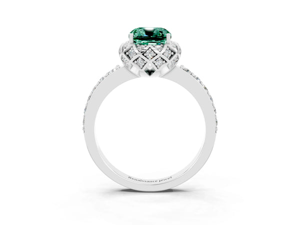 White gold Cushion Cut Green Sapphire Scalloped Halo Engagement Ring with Round Shared Prong Band