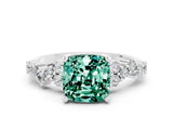 White gold Cushion Cut Green Sapphire Scattered Round Accent Ring with Prong Setting_60