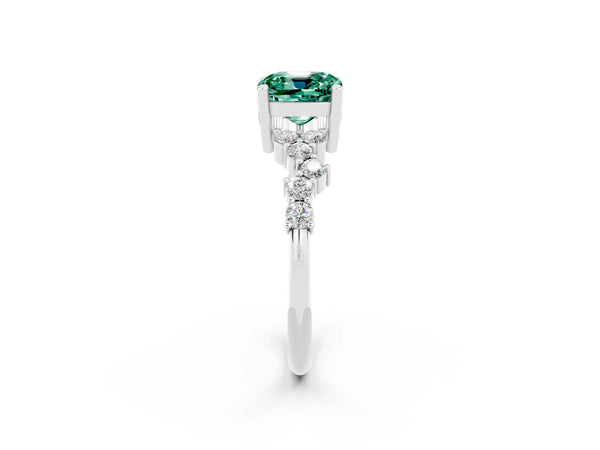White gold Cushion Cut Green Sapphire Scattered Round Accent Ring with Prong Setting