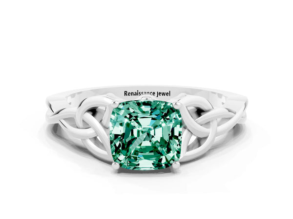 White gold Cushion Cut Green Sapphire Solitaire Celtic Knot Ring with Four-Prong Setting