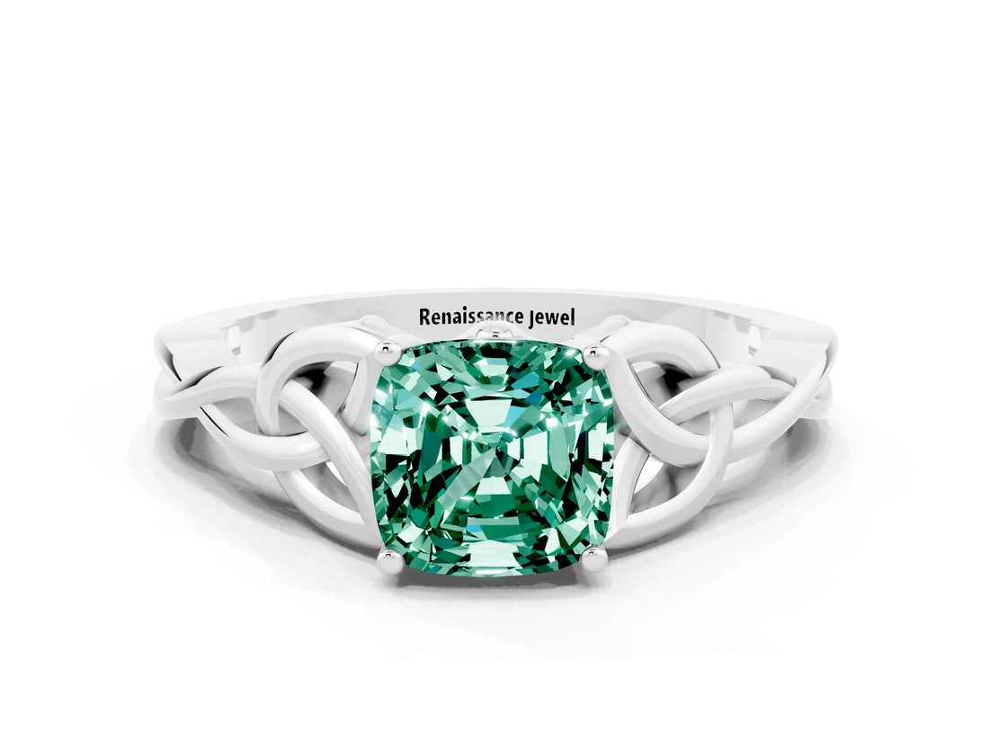 White gold Cushion Cut Green Sapphire Solitaire Celtic Knot Ring with Four-Prong Setting_12