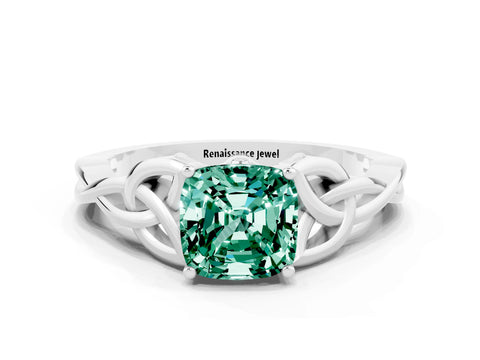 White gold Cushion Cut Green Sapphire Solitaire Celtic Knot Ring with Four-Prong Setting_12