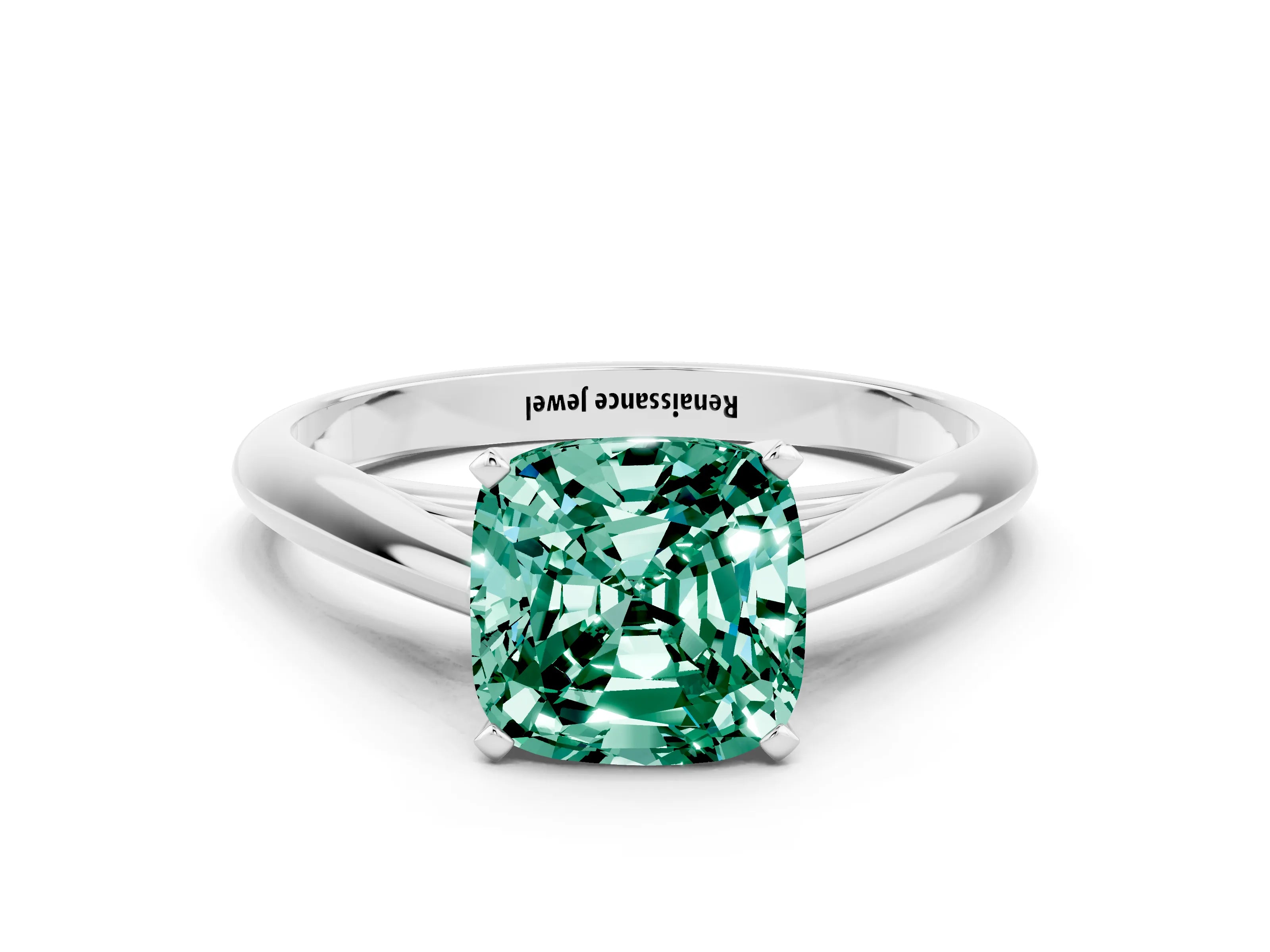 White gold Cushion Cut Green Sapphire Solitaire Engagement Ring with Cathedral Setting and Four-Prong Mount_12
