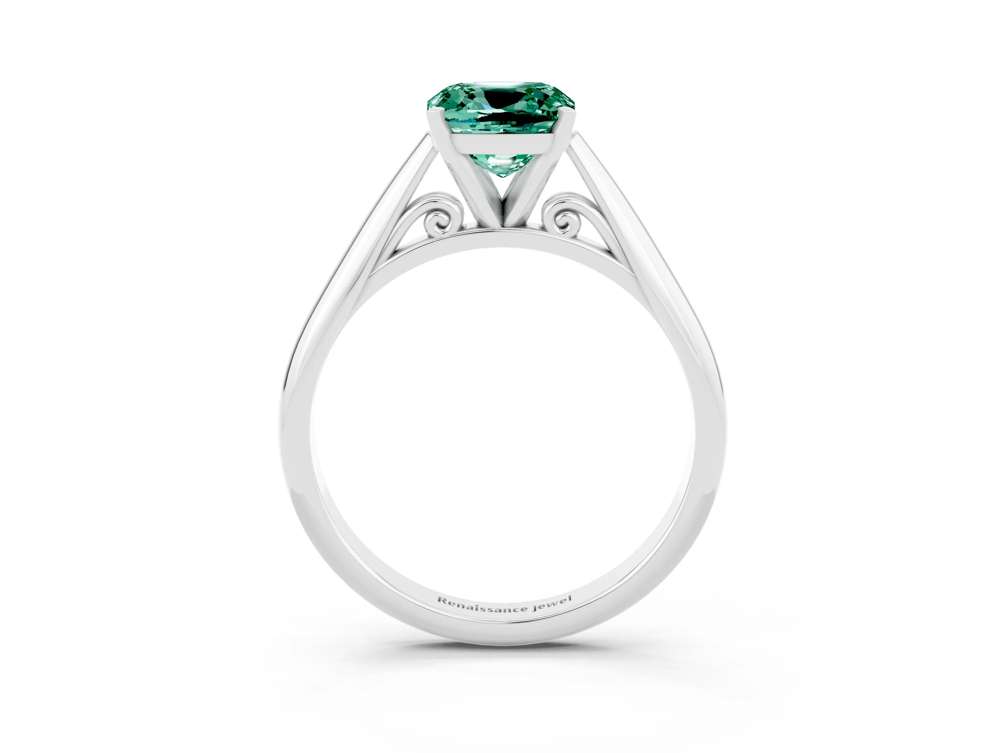 White gold Cushion Cut Green Sapphire Solitaire Engagement Ring with Cathedral Setting and Four-Prong Mount_15
