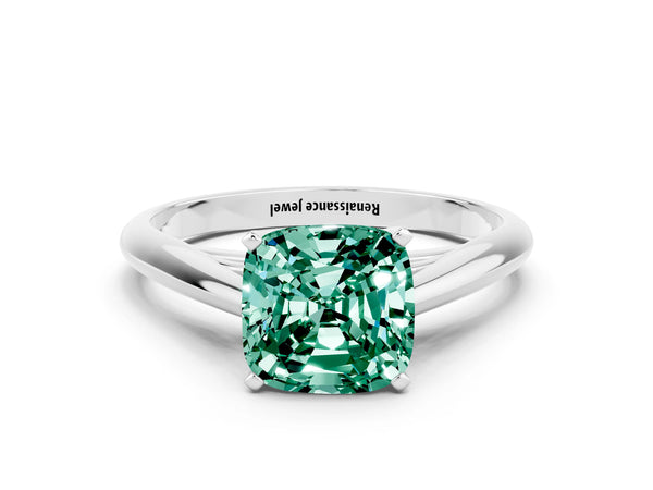 White gold Cushion Cut Green Sapphire Solitaire Engagement Ring with Cathedral Setting and Four-Prong Mount