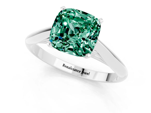 White gold Cushion Cut Green Sapphire Solitaire Engagement Ring with Cathedral Setting and Four-Prong Mount