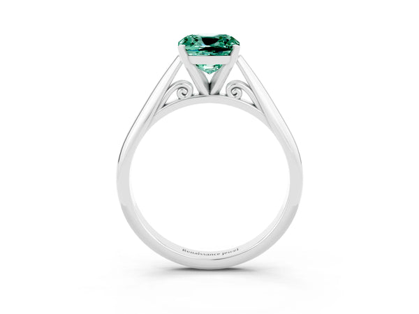 White gold Cushion Cut Green Sapphire Solitaire Engagement Ring with Cathedral Setting and Four-Prong Mount