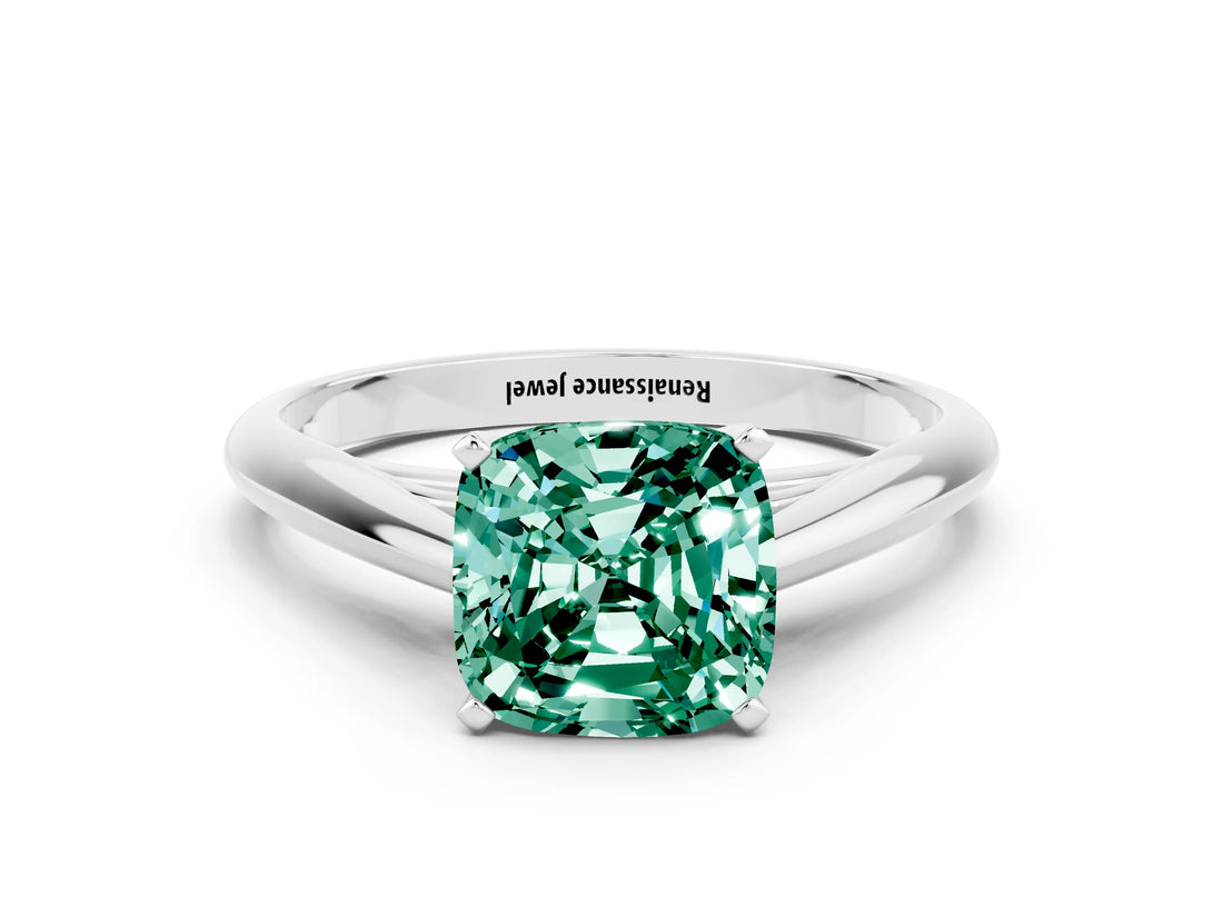 White gold Cushion Cut Green Sapphire Solitaire Engagement Ring with Cathedral Setting and Four-Prong Mount_36