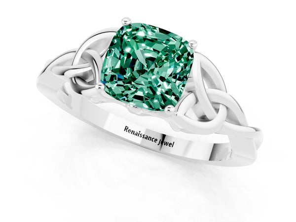 Platinum Cushion Cut Green Sapphire Solitaire Engagement Ring with Celtic Knot Band and Four-Prong Setting