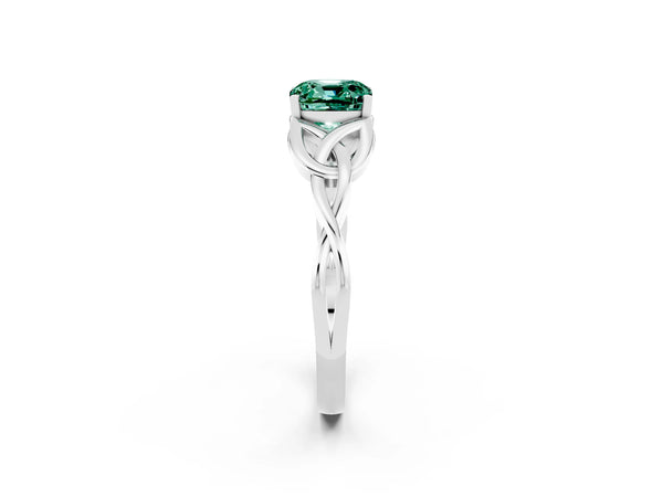 Silver Cushion Cut Green Sapphire Solitaire Engagement Ring with Celtic Knot Band and Four-Prong Setting